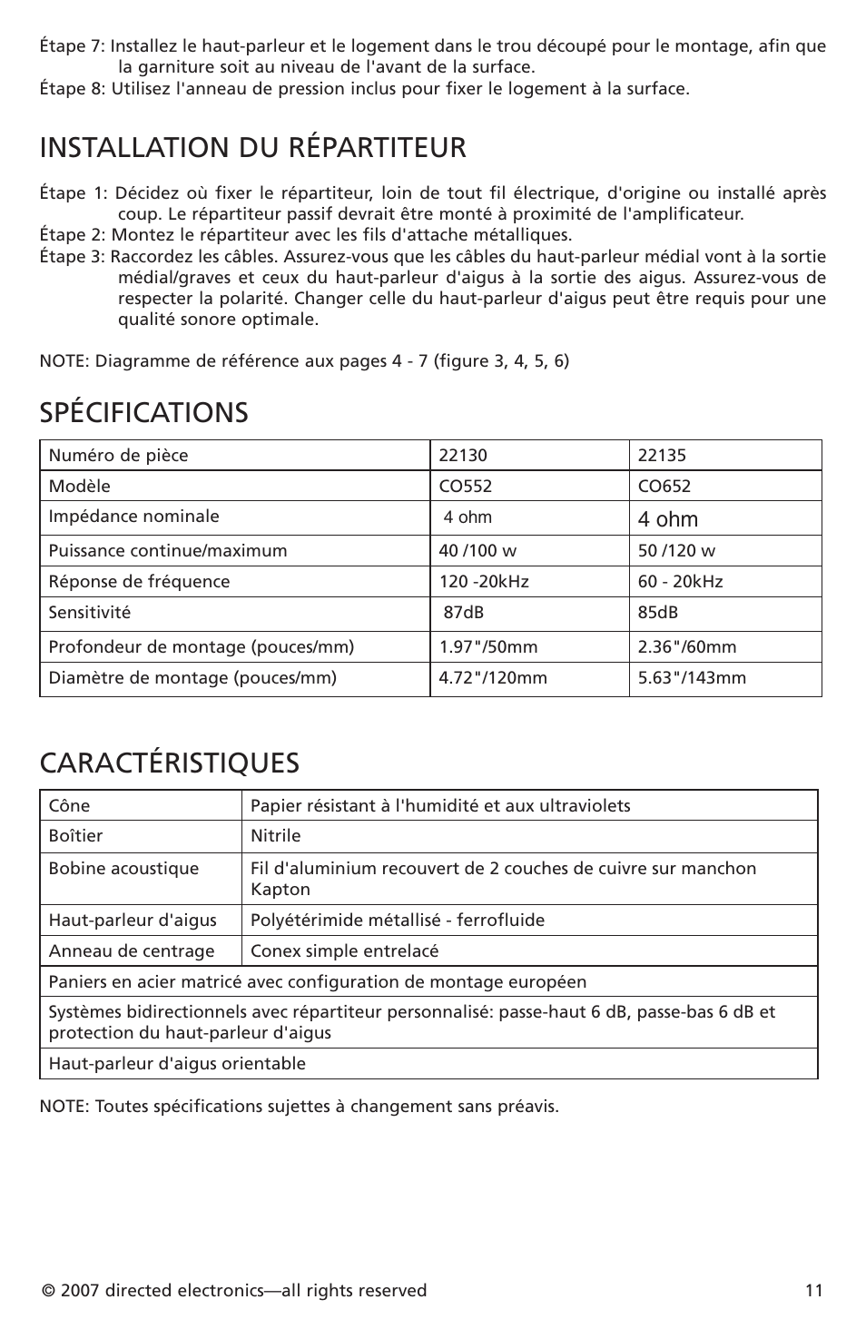 Installation du répartiteur, Spécifications, Caractéristiques | 4 ohm | Directed Electronics CO652 User Manual | Page 12 / 25