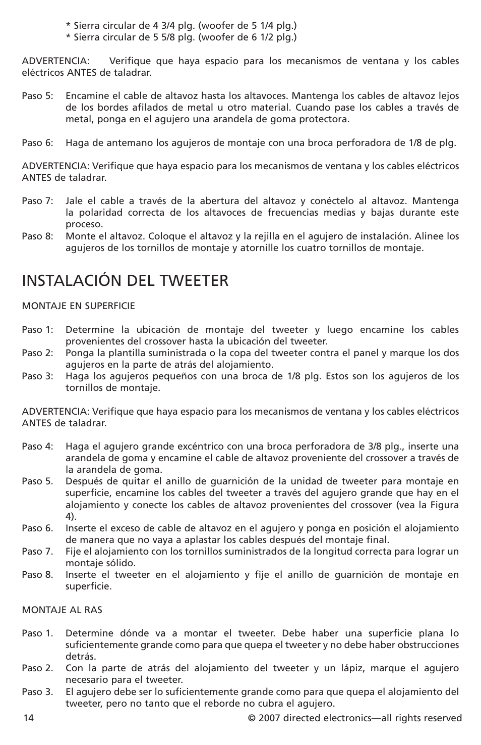 Instalación del tweeter | Directed Electronics CO652 User Manual | Page 14 / 25