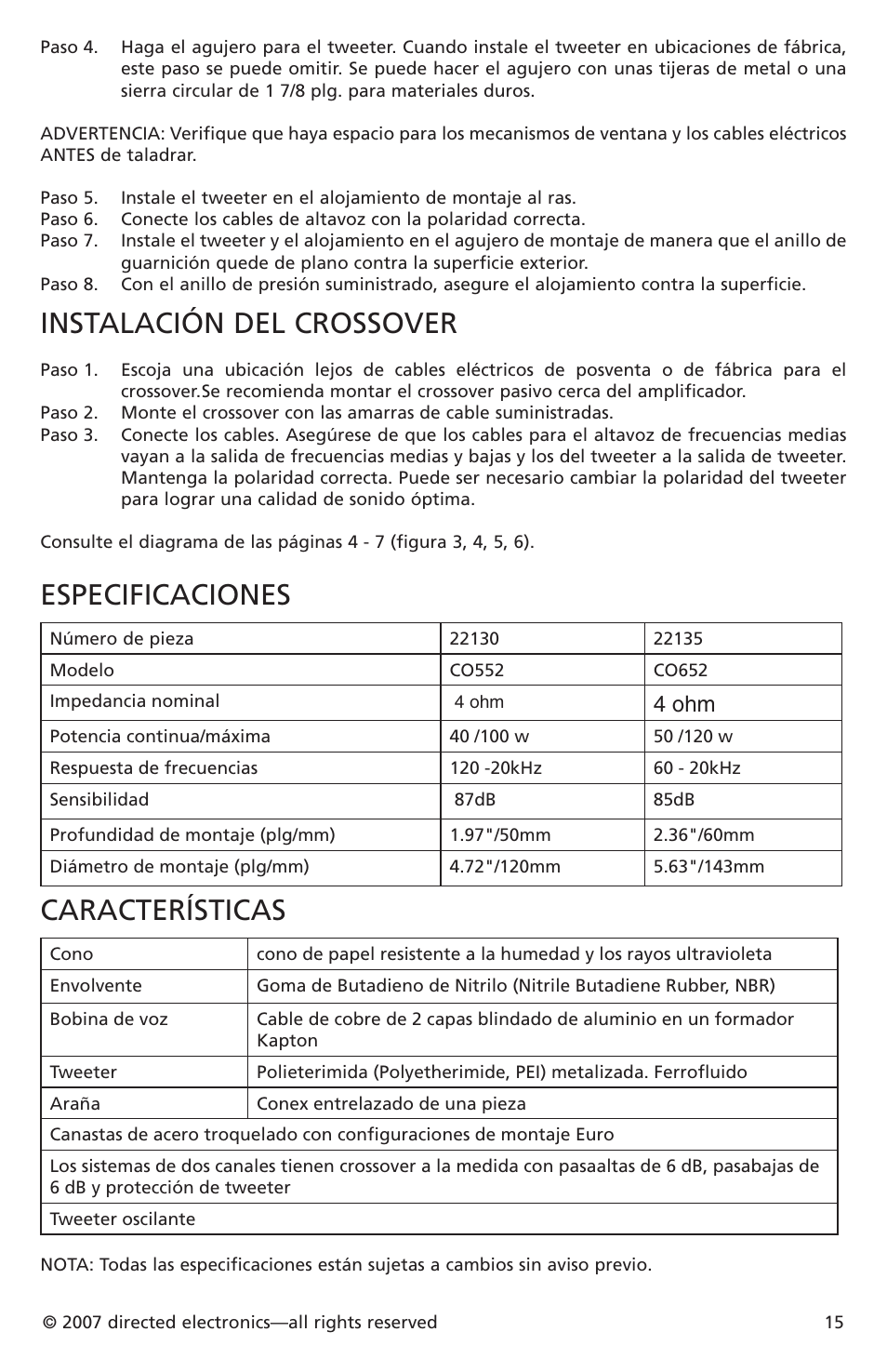 Instalación del crossover, Especificaciones, Características | 4 ohm | Directed Electronics CO652 User Manual | Page 15 / 25