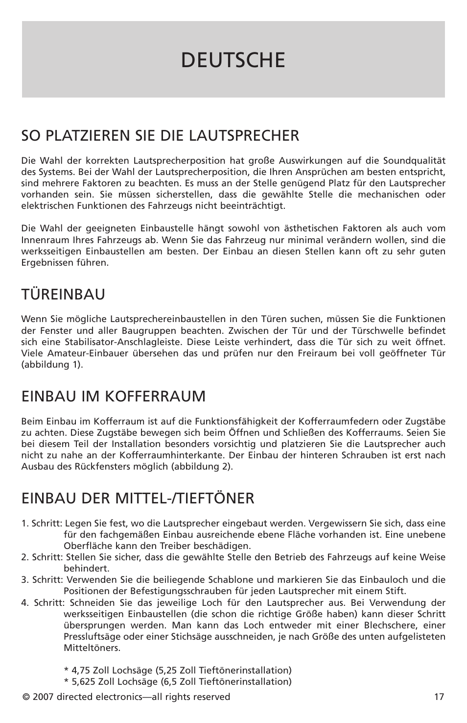 Deutsche, So platzieren sie die lautsprecher, Türeinbau | Einbau im kofferraum, Einbau der mittel-/tieftöner | Directed Electronics CO652 User Manual | Page 16 / 25