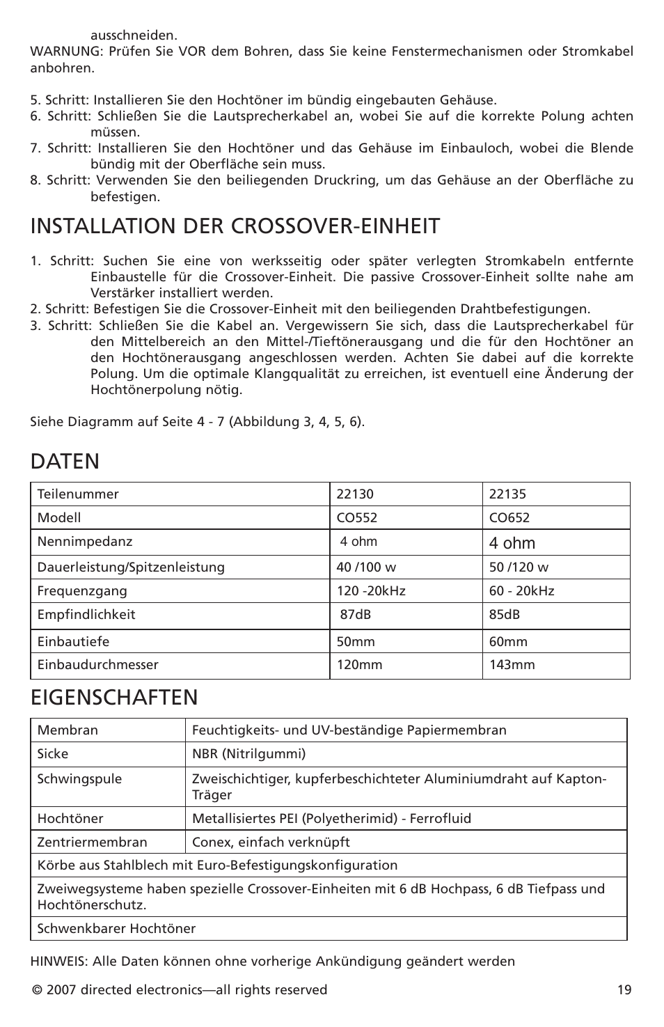 Installation der crossover-einheit, Daten, Eigenschaften | 4 ohm | Directed Electronics CO652 User Manual | Page 18 / 25
