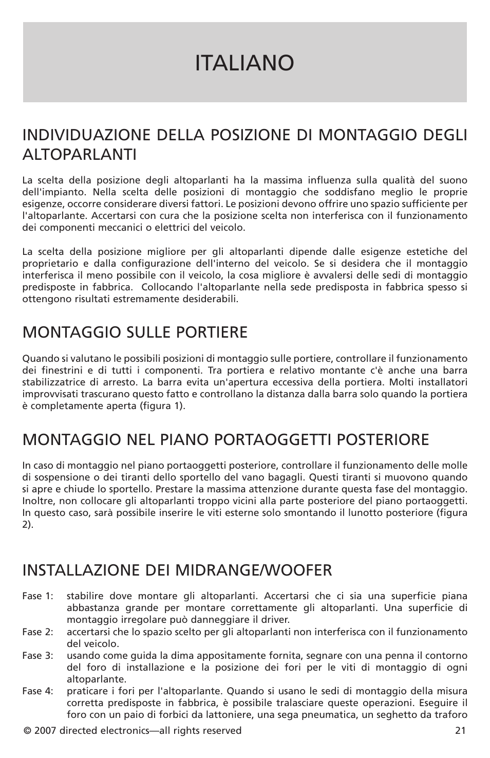 Italiano, Montaggio sulle portiere, Montaggio nel piano portaoggetti posteriore | Installazione dei midrange/woofer | Directed Electronics CO652 User Manual | Page 19 / 25