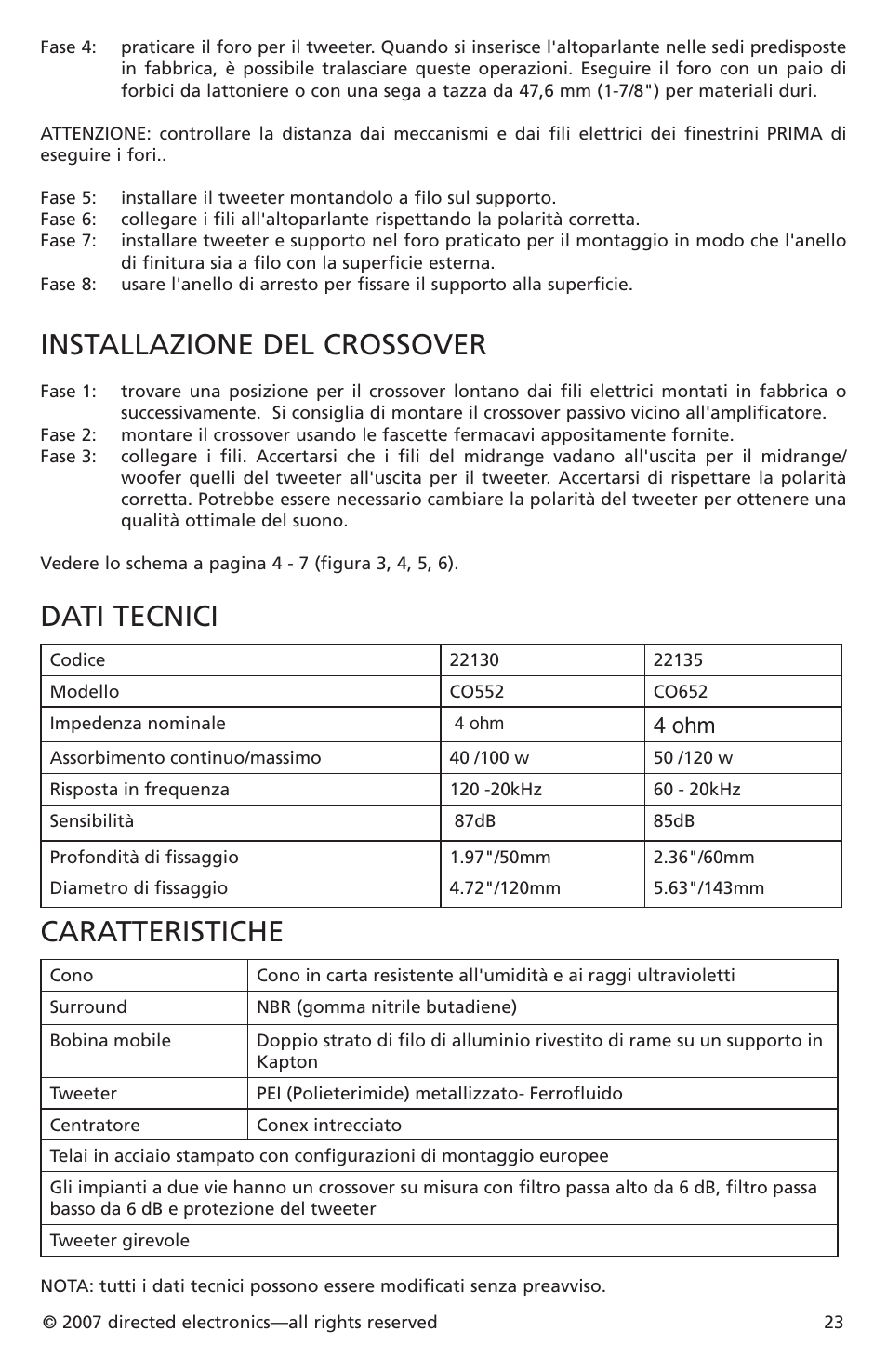 Installazione del crossover, Dati tecnici, Caratteristiche | 4 ohm | Directed Electronics CO652 User Manual | Page 21 / 25