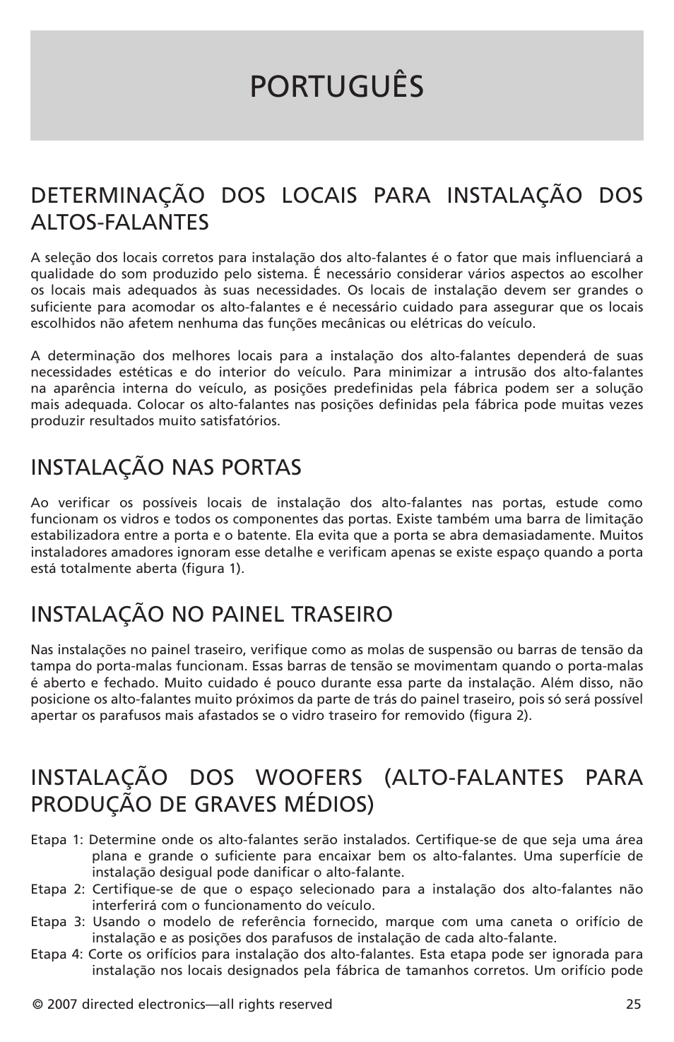 Português, Instalação nas portas, Instalação no painel traseiro | Directed Electronics CO652 User Manual | Page 22 / 25