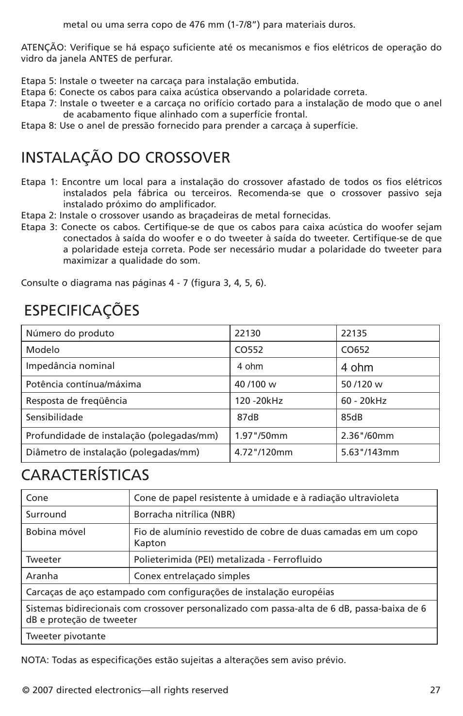 Instalação do crossover, Especificações, Características | 4 ohm | Directed Electronics CO652 User Manual | Page 24 / 25