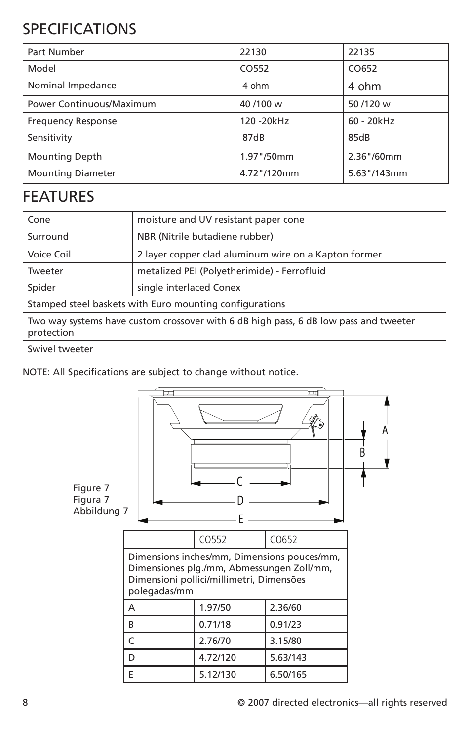 Specifications, Features, 4 ohm | Directed Electronics CO652 User Manual | Page 9 / 25