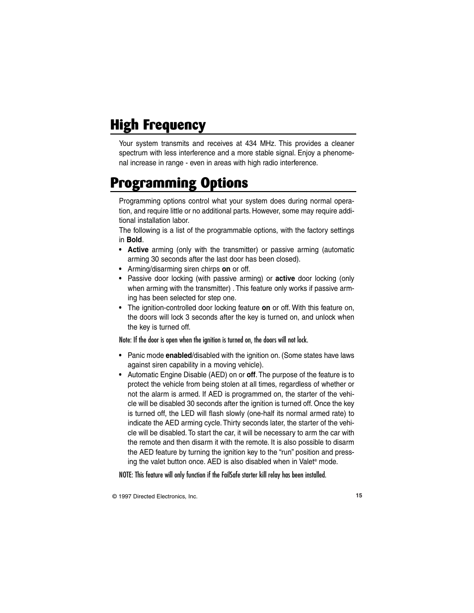 High frequency, Programming options | Directed Electronics 6500HF User Manual | Page 15 / 20