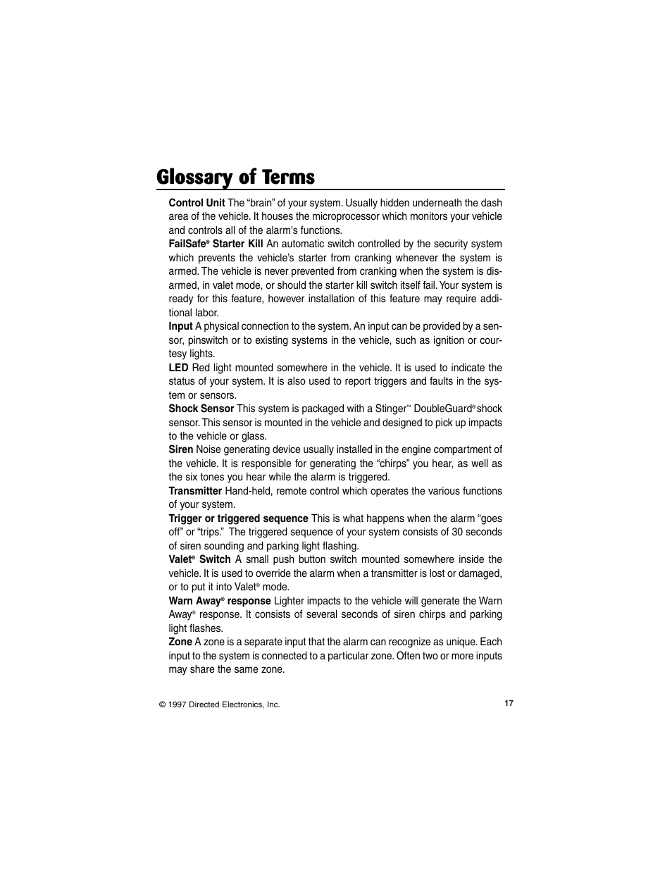 Glossary of terms | Directed Electronics 6500HF User Manual | Page 17 / 20