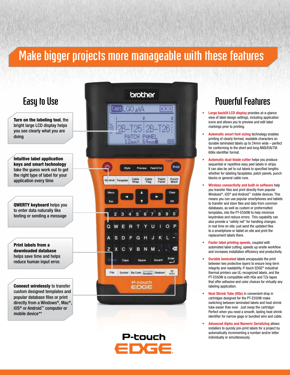 Easy to use powerful features | Brother PT-E550W Industrial Wireless Handheld Labeling Tool User Manual | Page 3 / 4