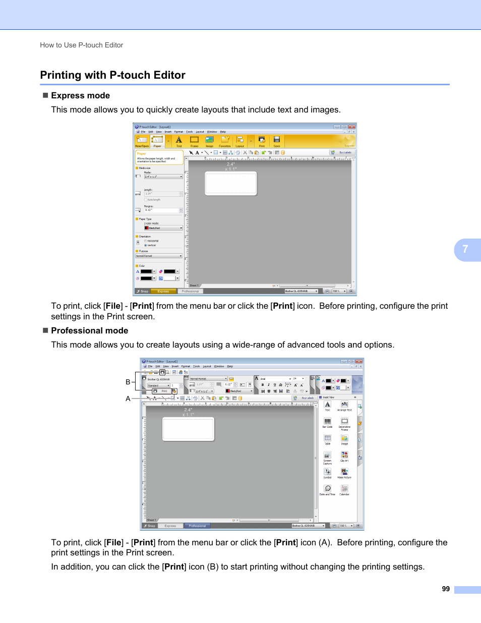 Printing with p-touch editor, 7printing with p-touch editor | Brother QL-810W Ultra-Fast Label Printer with Wireless Networking User Manual | Page 109 / 214