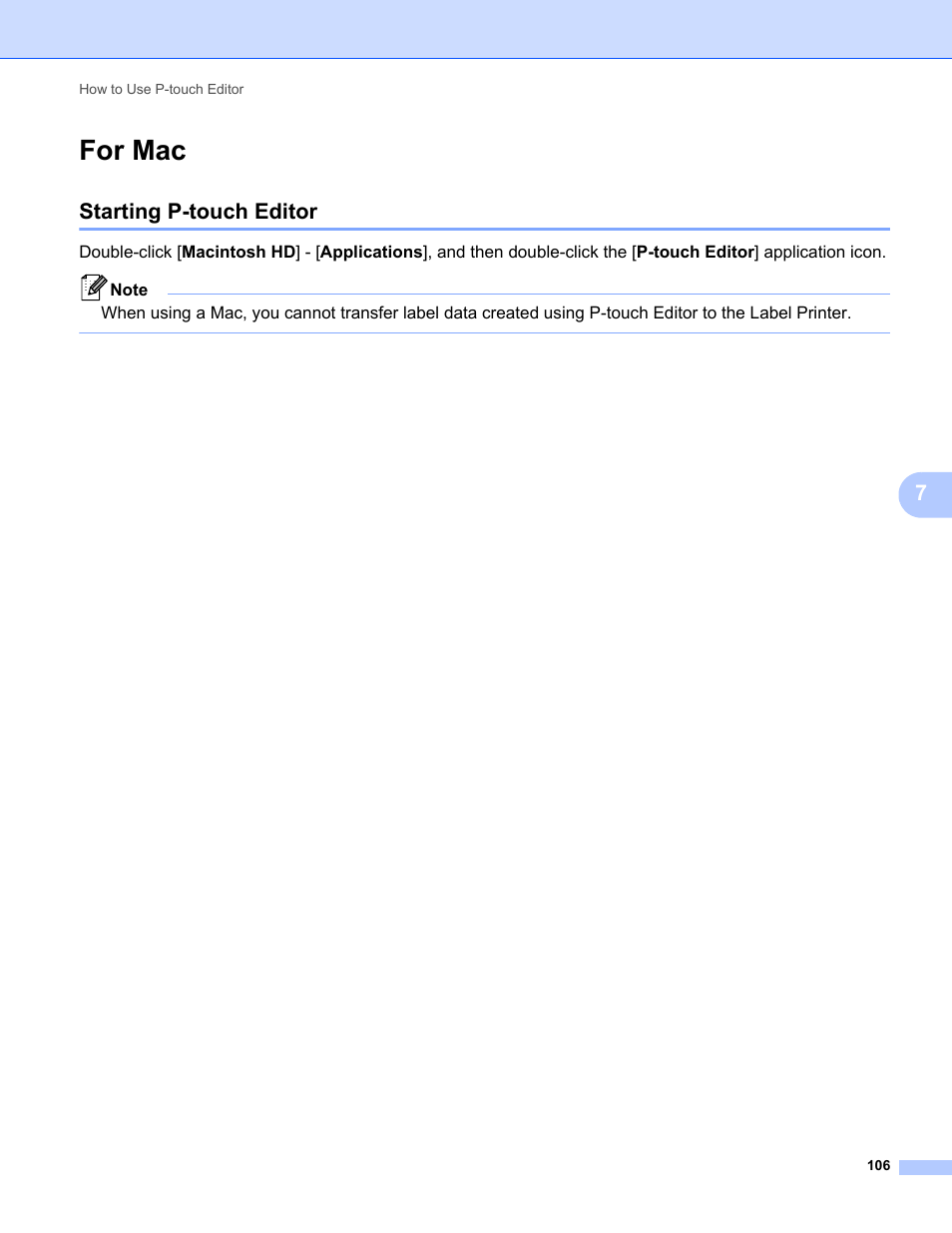 For mac, Starting p-touch editor | Brother QL-810W Ultra-Fast Label Printer with Wireless Networking User Manual | Page 116 / 214