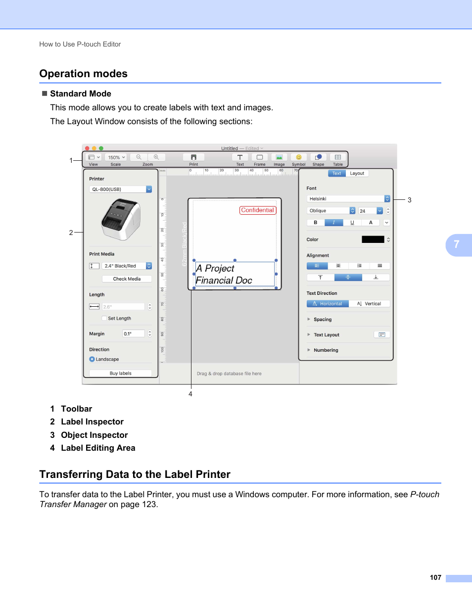 Operation modes, Transferring data to the label printer, 7operation modes | Brother QL-810W Ultra-Fast Label Printer with Wireless Networking User Manual | Page 117 / 214