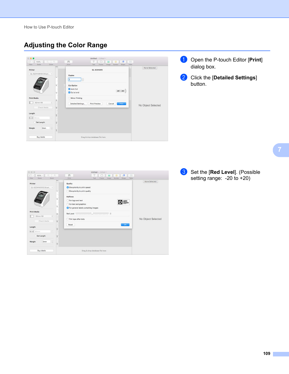 Adjusting the color range, 7adjusting the color range | Brother QL-810W Ultra-Fast Label Printer with Wireless Networking User Manual | Page 119 / 214