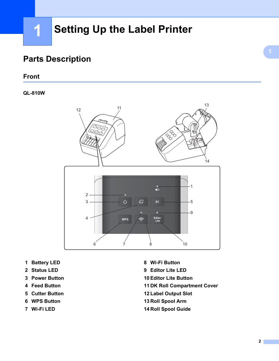 1setting up the label printer, Parts description, Front | Setting up the label printer | Brother QL-810W Ultra-Fast Label Printer with Wireless Networking User Manual | Page 12 / 214