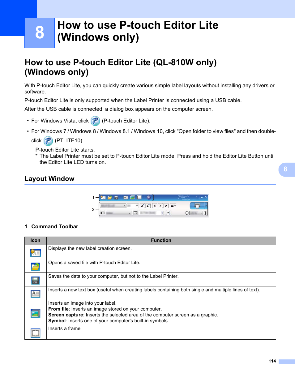 8how to use p-touch editor lite (windows only), How to use p-touch editor lite (windows only) | Brother QL-810W Ultra-Fast Label Printer with Wireless Networking User Manual | Page 124 / 214