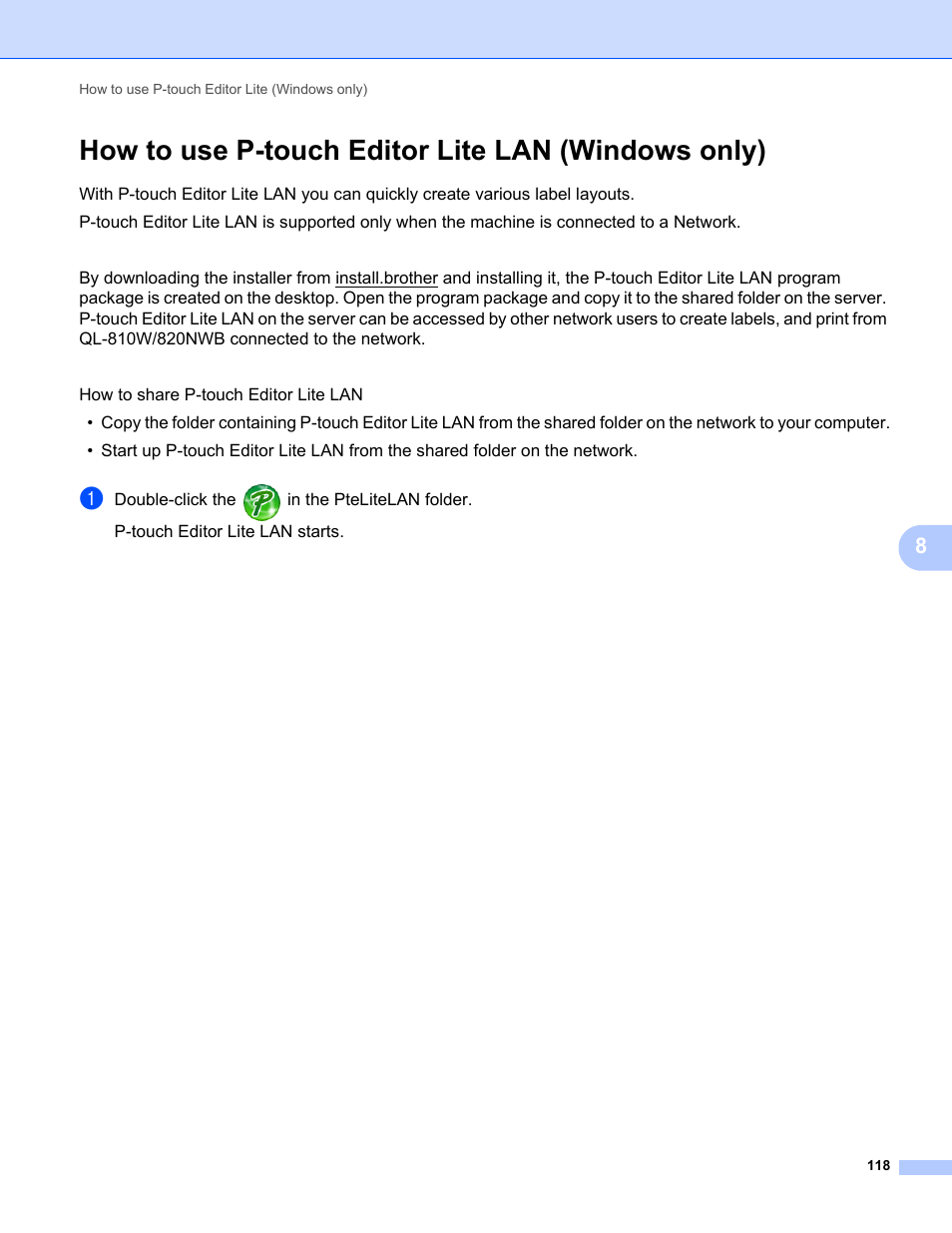 How to use p-touch editor lite lan (windows only) | Brother QL-810W Ultra-Fast Label Printer with Wireless Networking User Manual | Page 128 / 214