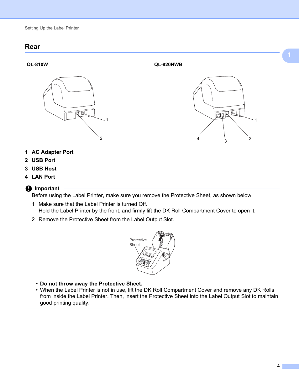 Rear, 1rear | Brother QL-810W Ultra-Fast Label Printer with Wireless Networking User Manual | Page 14 / 214