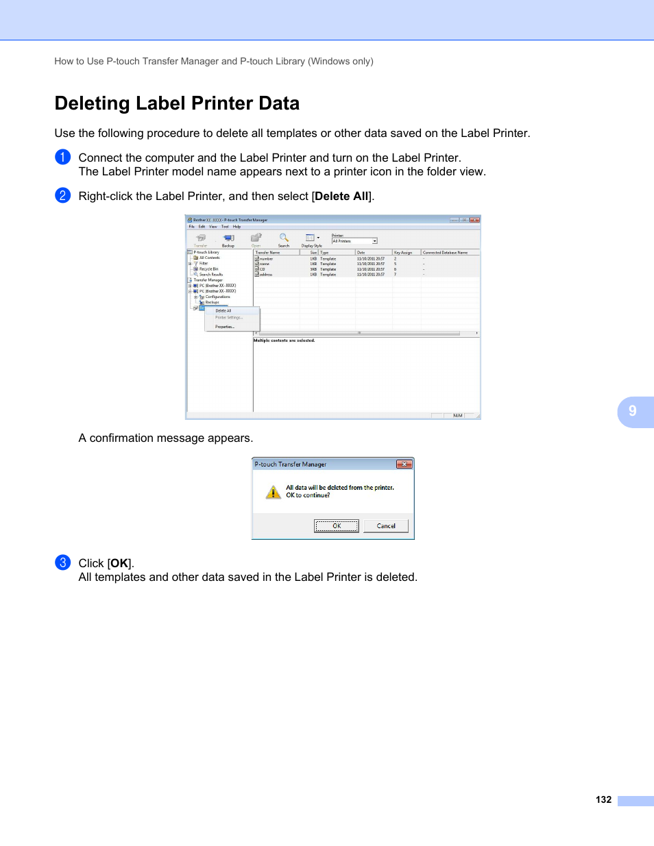 Deleting label printer data | Brother QL-810W Ultra-Fast Label Printer with Wireless Networking User Manual | Page 142 / 214