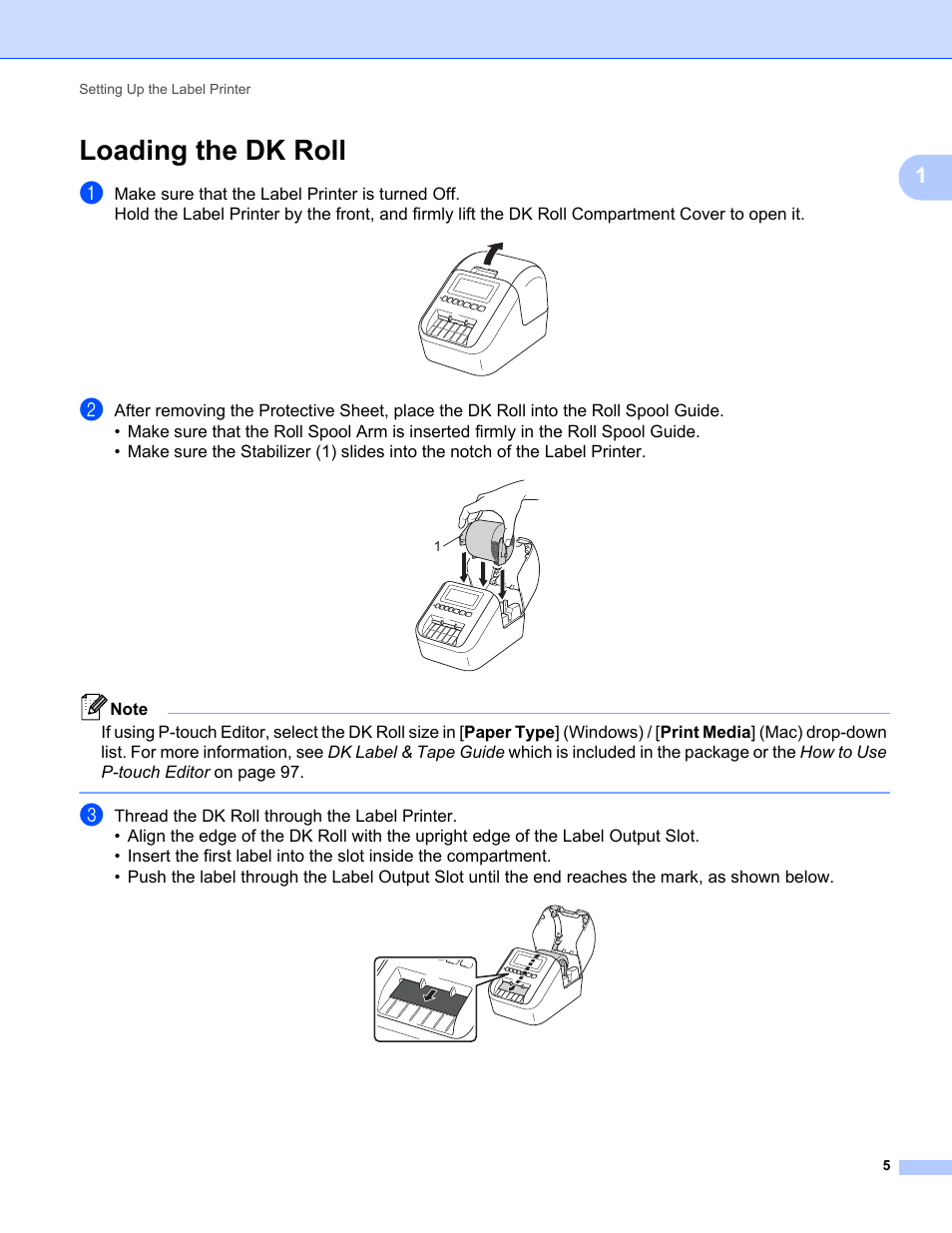 Loading the dk roll | Brother QL-810W Ultra-Fast Label Printer with Wireless Networking User Manual | Page 15 / 214