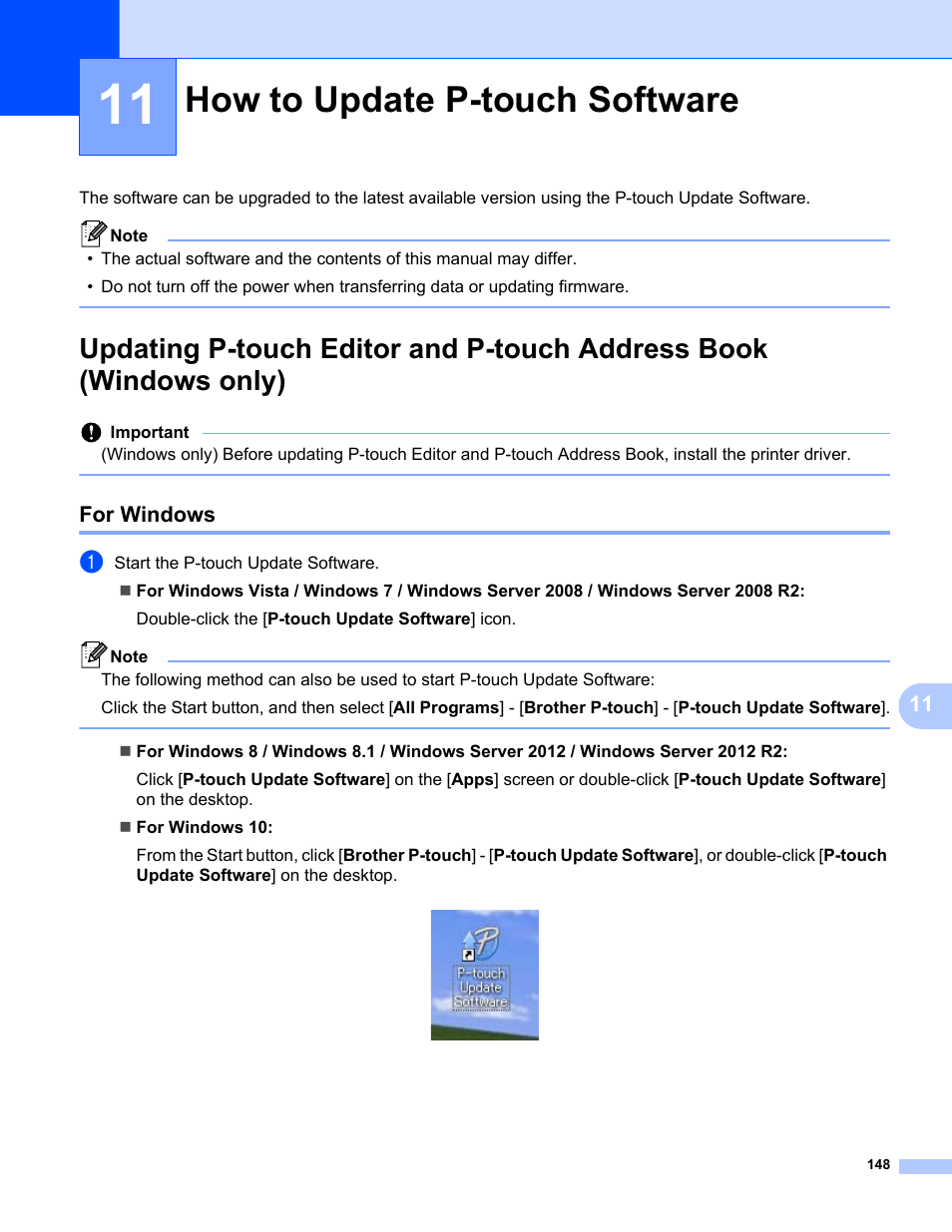 11how to update p-touch software, For windows, How to update p-touch software | Brother QL-810W Ultra-Fast Label Printer with Wireless Networking User Manual | Page 158 / 214