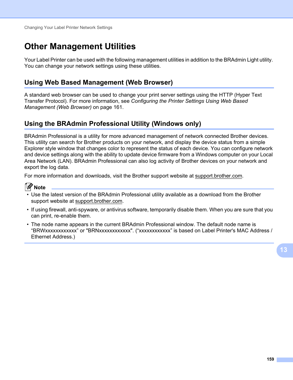 Other management utilities, Using web based management (web browser) | Brother QL-810W Ultra-Fast Label Printer with Wireless Networking User Manual | Page 169 / 214