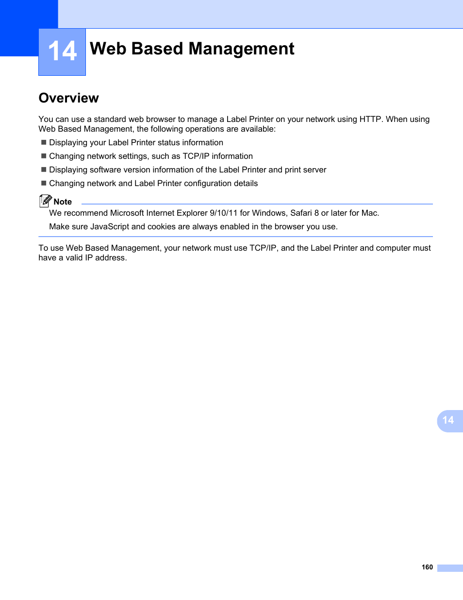 14web based management, Overview, Web based management | Web based, Management | Brother QL-810W Ultra-Fast Label Printer with Wireless Networking User Manual | Page 170 / 214