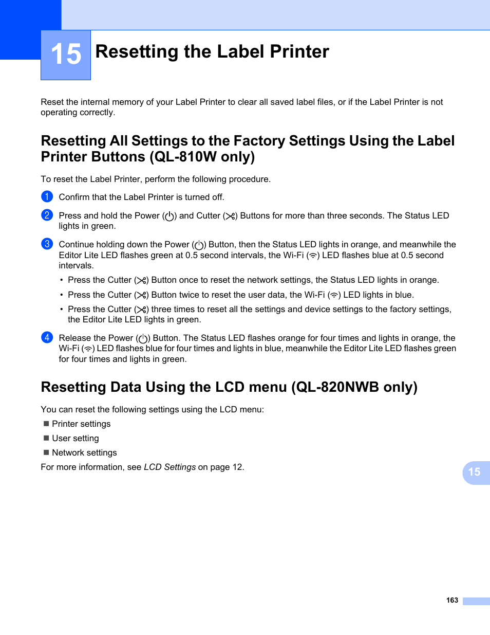 15resetting the label printer, Resetting data using the lcd menu (ql-820nwb only), Resetting the label printer | Brother QL-810W Ultra-Fast Label Printer with Wireless Networking User Manual | Page 173 / 214