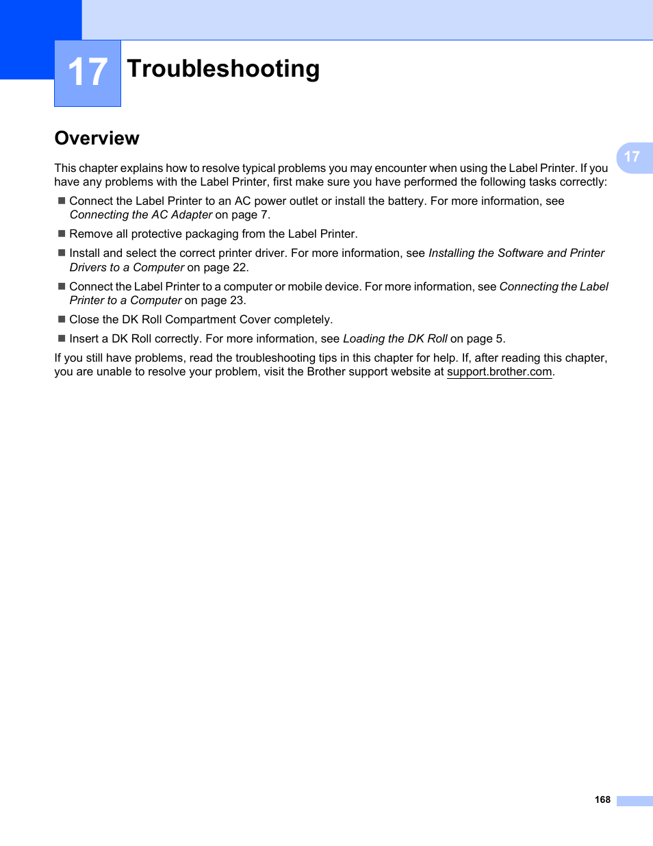 17troubleshooting, Overview, Troubleshooting | Brother QL-810W Ultra-Fast Label Printer with Wireless Networking User Manual | Page 178 / 214