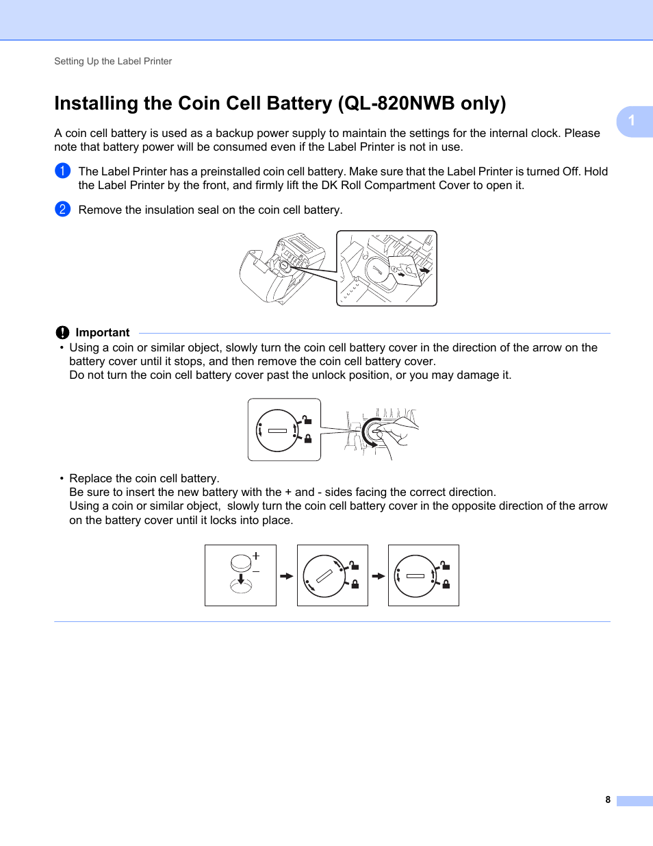 Installing the coin cell battery (ql-820nwb only) | Brother QL-810W Ultra-Fast Label Printer with Wireless Networking User Manual | Page 18 / 214