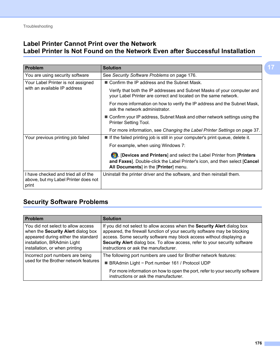 Security software problems, Label printer cannot print over the network | Brother QL-810W Ultra-Fast Label Printer with Wireless Networking User Manual | Page 186 / 214