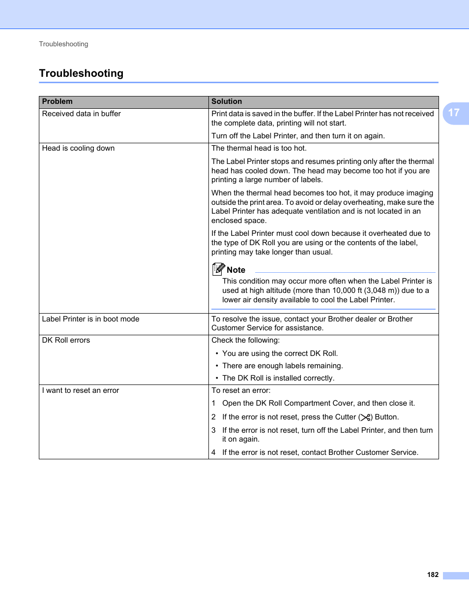 Troubleshooting, 17 troubleshooting | Brother QL-810W Ultra-Fast Label Printer with Wireless Networking User Manual | Page 192 / 214