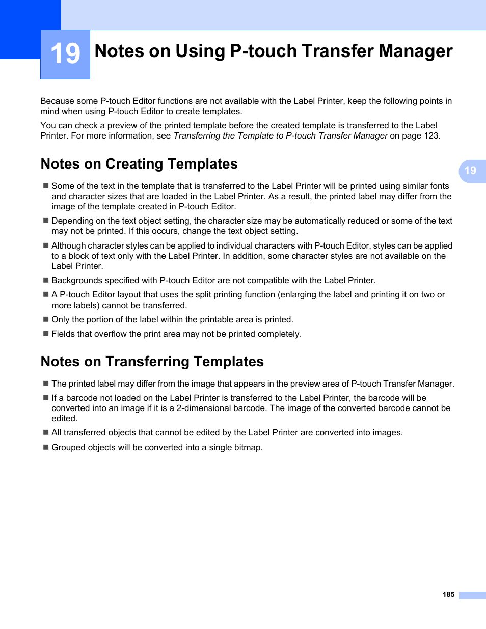 19notes on using p-touch transfer manager, Notes on creating templates, Notes on transferring templates | Notes on using p-touch transfer manager | Brother QL-810W Ultra-Fast Label Printer with Wireless Networking User Manual | Page 195 / 214