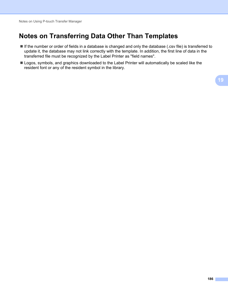 Notes on transferring data other than templates | Brother QL-810W Ultra-Fast Label Printer with Wireless Networking User Manual | Page 196 / 214