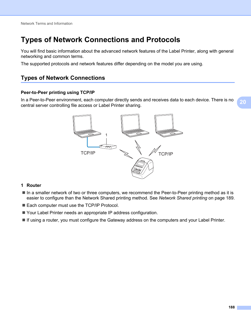 Types of network connections and protocols, Types of network connections | Brother QL-810W Ultra-Fast Label Printer with Wireless Networking User Manual | Page 198 / 214