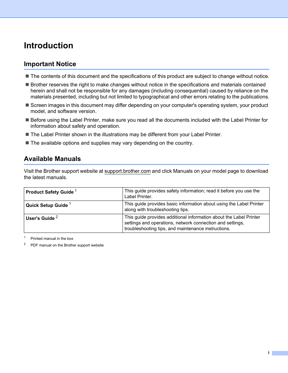 Introduction, Important notice, Available manuals | Brother QL-810W Ultra-Fast Label Printer with Wireless Networking User Manual | Page 2 / 214