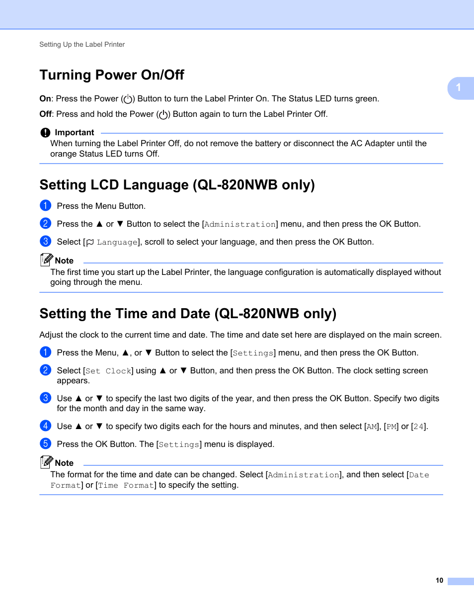 Turning power on/off, Setting lcd language (ql-820nwb only), Setting the time and date (ql-820nwb only) | Brother QL-810W Ultra-Fast Label Printer with Wireless Networking User Manual | Page 20 / 214