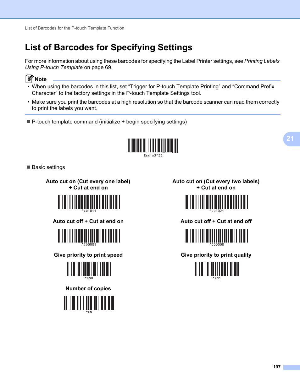 List of barcodes for specifying settings, Auto cut on (cut every one label) + cut at end on, Auto cut on (cut every two labels) + cut at end on | Auto cut off + cut at end on, Auto cut off + cut at end off, Give priority to print speed, Give priority to print quality, Number of copies | Brother QL-810W Ultra-Fast Label Printer with Wireless Networking User Manual | Page 207 / 214