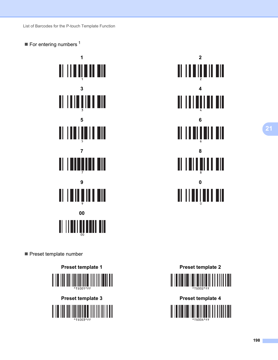 For entering numbe rs, Preset template number 1, Preset template 1 | Preset template 2, Preset template 3, Preset template 4 | Brother QL-810W Ultra-Fast Label Printer with Wireless Networking User Manual | Page 208 / 214