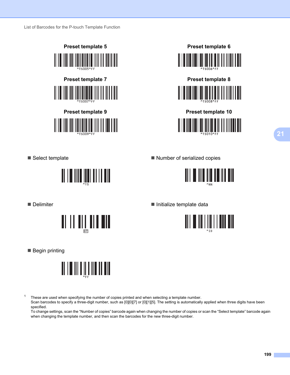 Preset template 5, Preset template 6, Preset template 7 | Preset template 8, Preset template 9, Preset template 10, Select template  number of serialized copies, Delimiter  initialize template data, Begin printing | Brother QL-810W Ultra-Fast Label Printer with Wireless Networking User Manual | Page 209 / 214