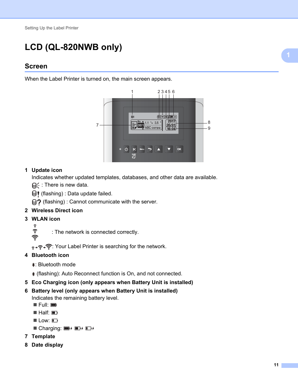 Lcd (ql-820nwb only), Screen | Brother QL-810W Ultra-Fast Label Printer with Wireless Networking User Manual | Page 21 / 214