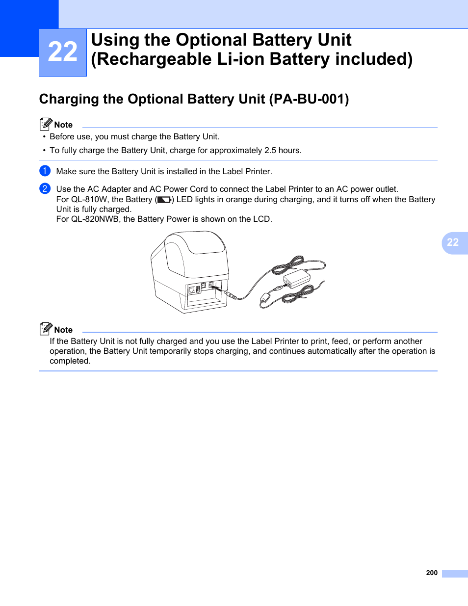Charging the optional battery unit (pa-bu-001) | Brother QL-810W Ultra-Fast Label Printer with Wireless Networking User Manual | Page 210 / 214