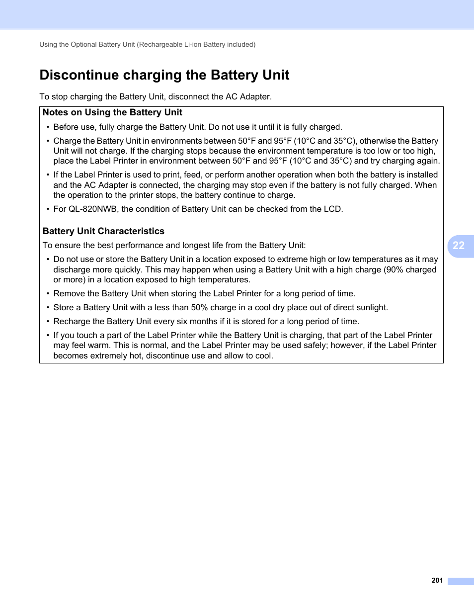 Discontinue charging the battery unit | Brother QL-810W Ultra-Fast Label Printer with Wireless Networking User Manual | Page 211 / 214