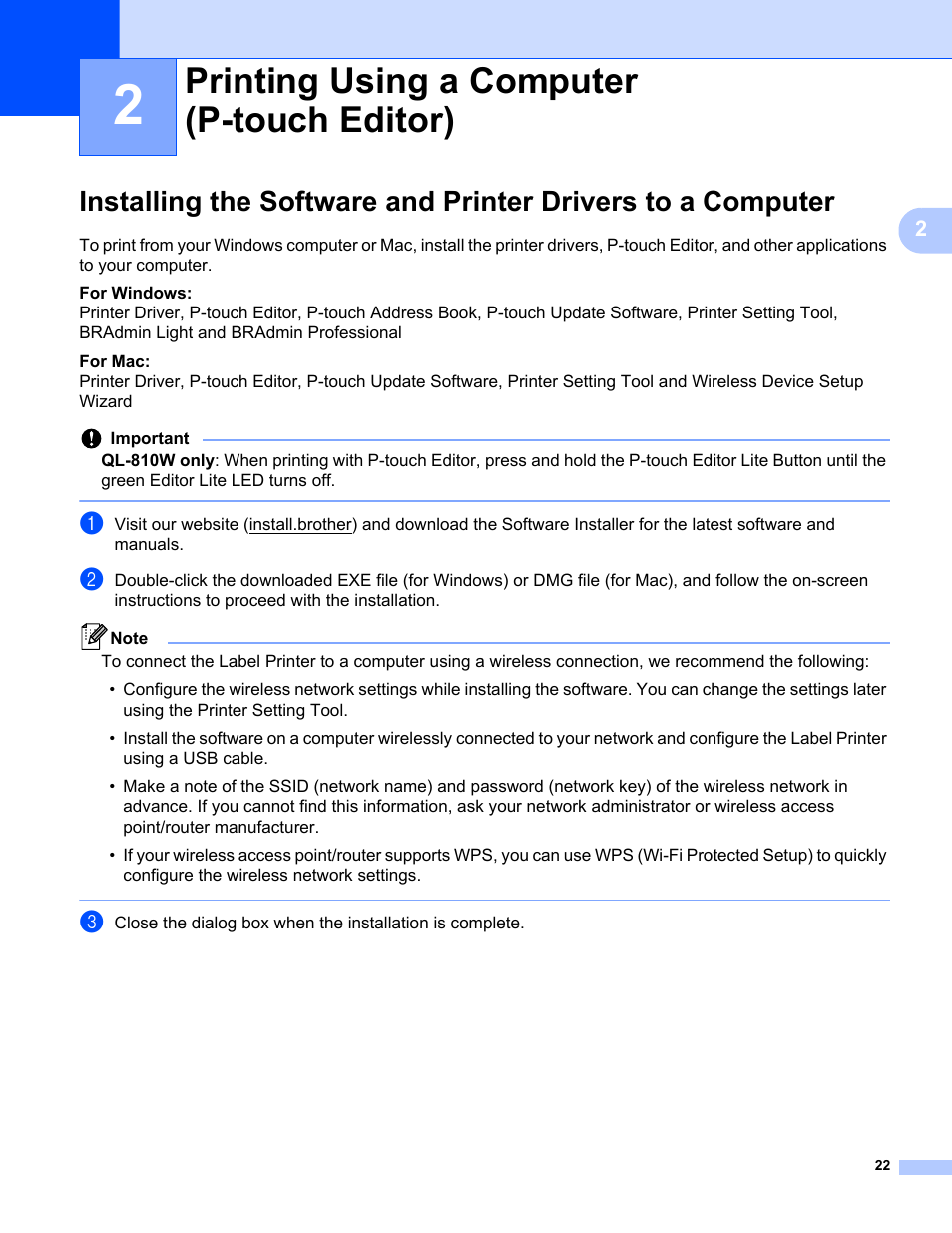 2printing using a computer (p-touch editor), Printing using a computer (p-touch editor) | Brother QL-810W Ultra-Fast Label Printer with Wireless Networking User Manual | Page 32 / 214