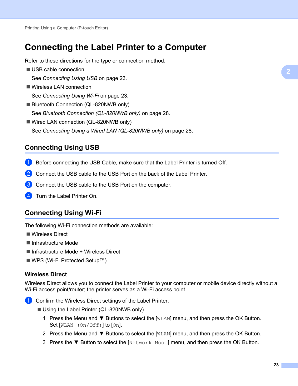 Connecting the label printer to a computer, Connecting using usb, Connecting using wi-fi | Connecting using usb connecting using wi-fi | Brother QL-810W Ultra-Fast Label Printer with Wireless Networking User Manual | Page 33 / 214