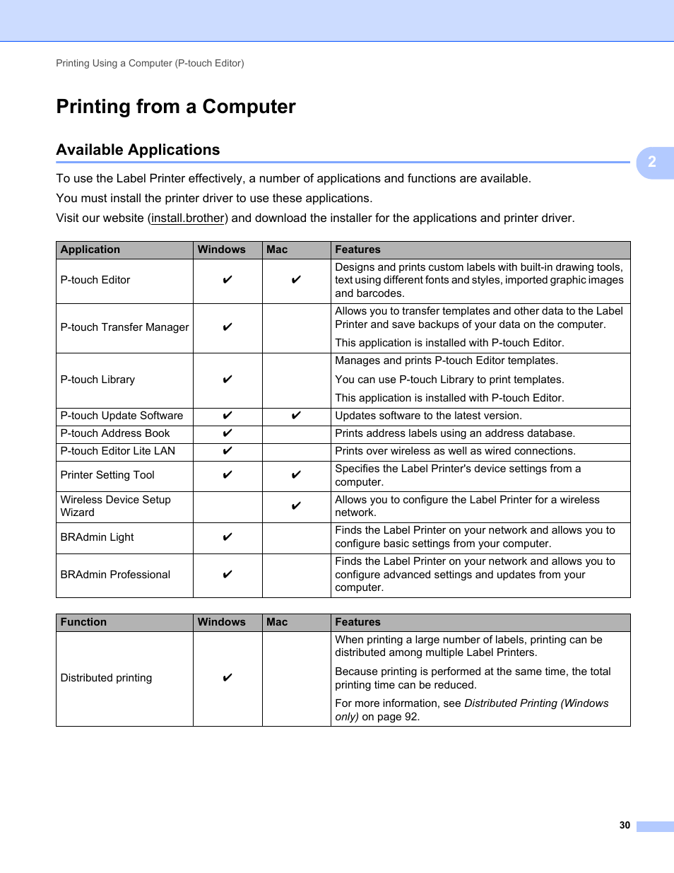 Printing from a computer, Available applications | Brother QL-810W Ultra-Fast Label Printer with Wireless Networking User Manual | Page 40 / 214