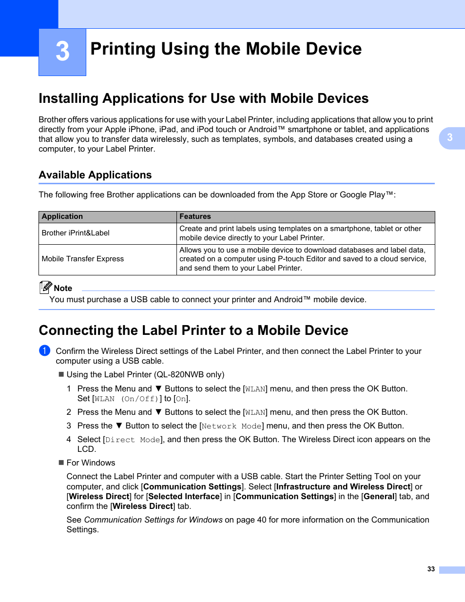 3printing using the mobile device, Available applications, Connecting the label printer to a mobile device | Printing using the mobile device | Brother QL-810W Ultra-Fast Label Printer with Wireless Networking User Manual | Page 43 / 214