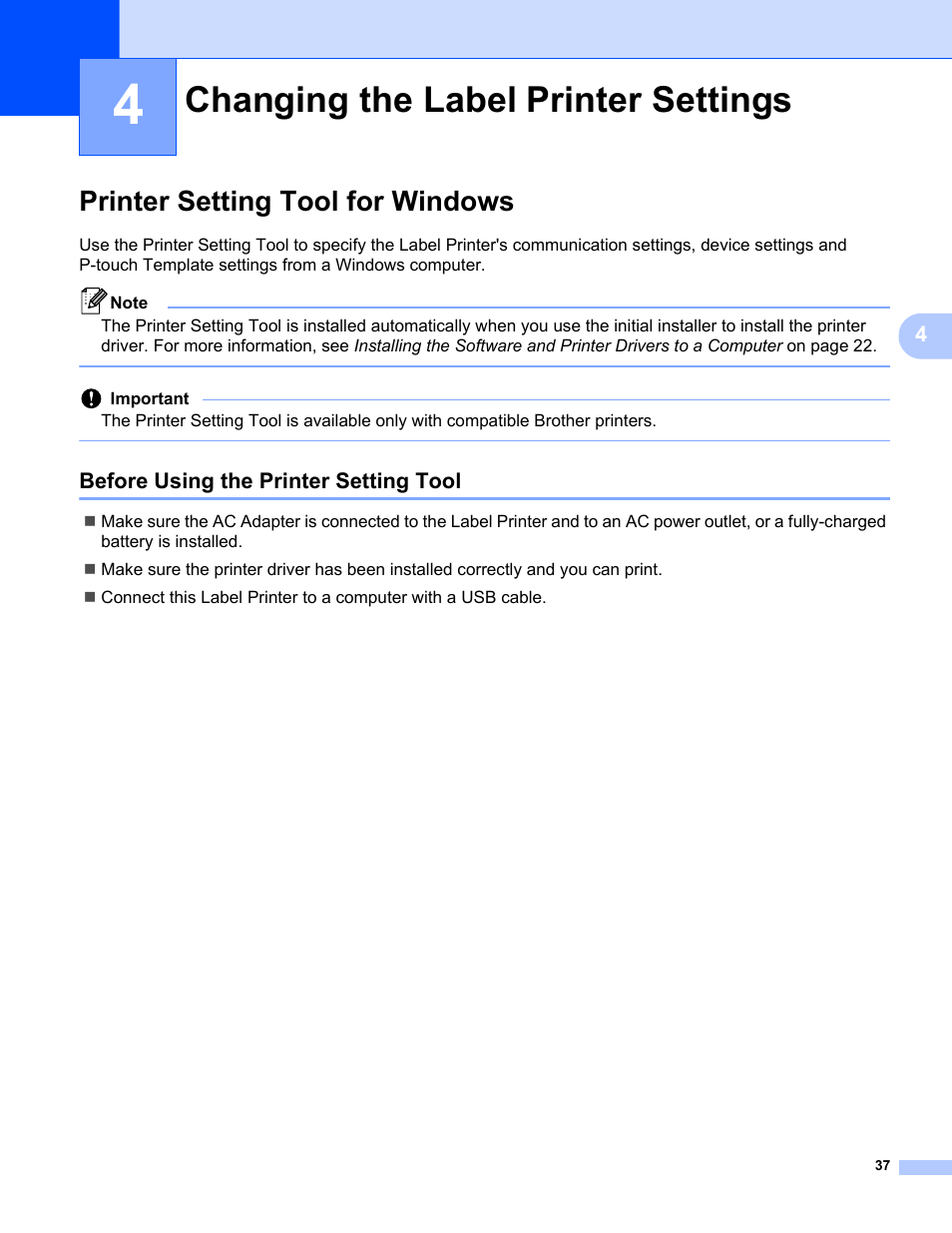 4changing the label printer settings, Printer setting tool for windows, Before using the printer setting tool | Changing the label printer settings, Ation, see, Changing, The label printer settings | Brother QL-810W Ultra-Fast Label Printer with Wireless Networking User Manual | Page 47 / 214