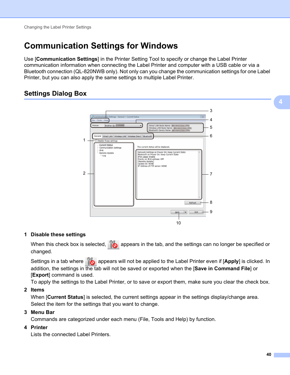 Communication settings for windows, Settings dialog box | Brother QL-810W Ultra-Fast Label Printer with Wireless Networking User Manual | Page 50 / 214