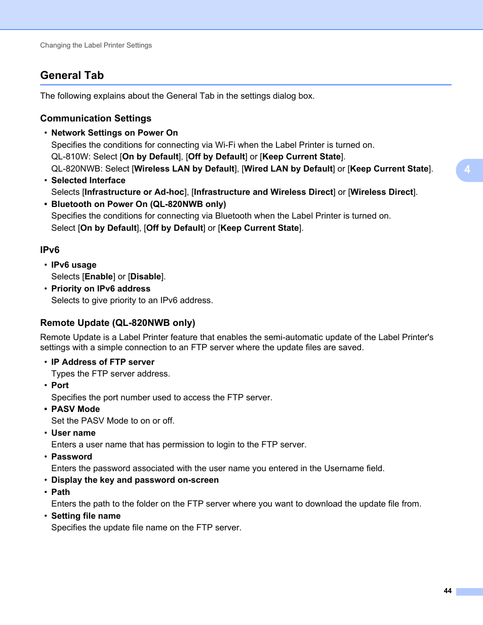 General tab, S, see, 4general tab | Brother QL-810W Ultra-Fast Label Printer with Wireless Networking User Manual | Page 54 / 214