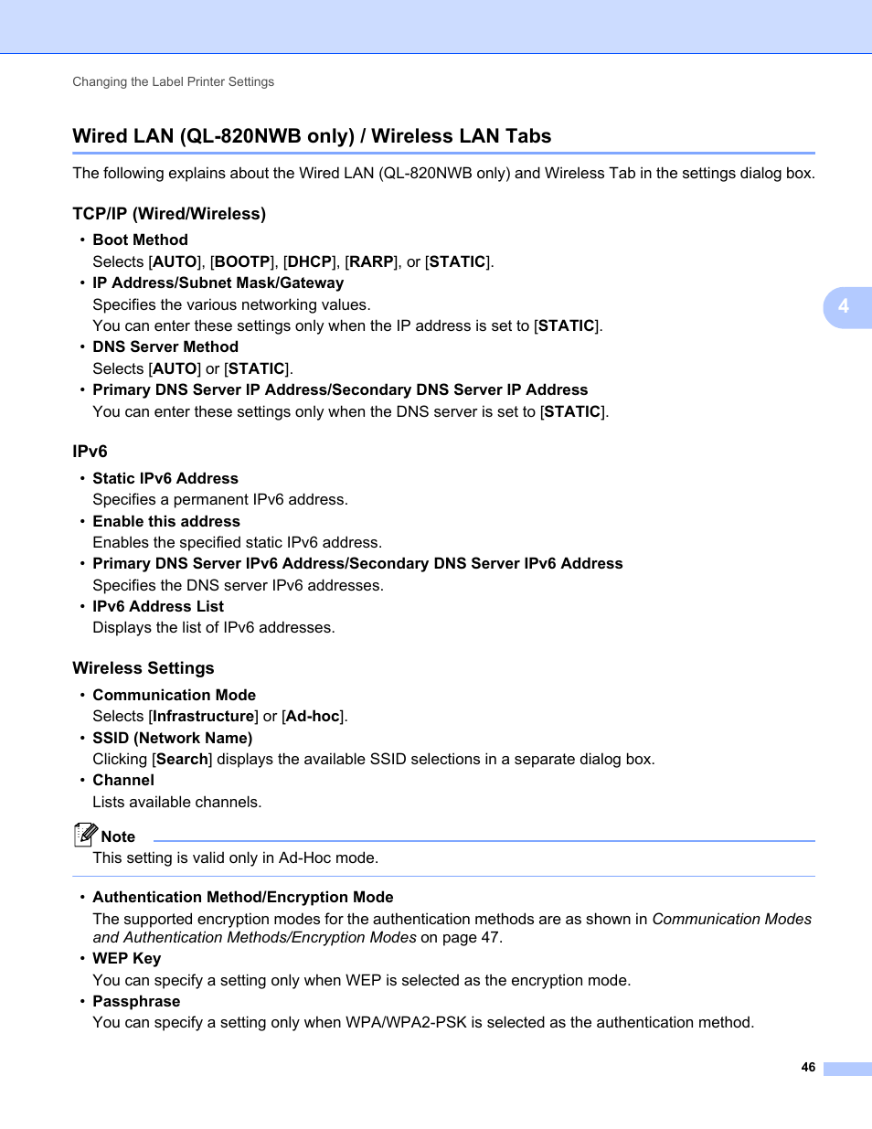 Wired lan (ql-820nwb only) / wireless lan tabs, Wireless settings, 4wired lan (ql-820nwb only) / wireless lan tabs | Brother QL-810W Ultra-Fast Label Printer with Wireless Networking User Manual | Page 56 / 214